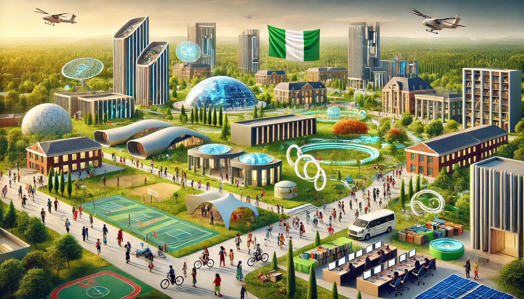 Here is the illustration representing Nigeria’s growing university landscape in 2025, highlighting modern campuses, eco-friendly environments, and a focus on innovation and education. Let me know if there’s anything you’d like to adjust or explore further!
