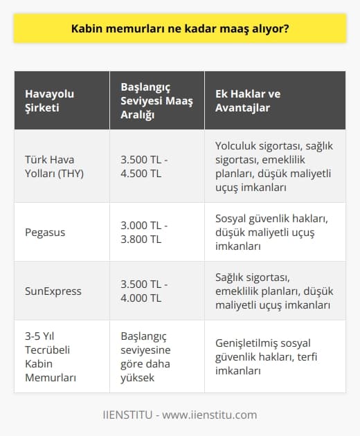 Kabin Memurlarının Maaşları  Kabin memurlarının maaşları, ülkeden ülkeye ve hava yolu şirketinden hava yolu şirketine değişkenlik gösterir. Türkiyedeki kabin memurları için ödeme koşulları ve ekstra avantajlar söz konusu olduğunda da farklılık söz konusudur.  Çalışılan Havayolu Şirketine Göre Değerlendirme  Türkiye’de popüler hava yolu şirketleri olan Türk Hava Yolları (THY), Pegasus ve SunExpress, kabin memuru maaşlarını belirlerken farklı ölçütler kullanmaktadır. Başlangıç seviyesinde bir kabin memuru THYde ortalama 3.500 TL ile 4.500 TL arası maaş alırken, Pegasusta ortalama 3.000 TL ile 3.800 TL ve SunExpresste ise ortalama 3.500 TL ile 4.000 TL arası maaş alır.  Kabin Memurlarına Sağlanan Ek Haklar ve Yan Ödeme  Maaş dışı ek gelirler ve avantajlar da kabin memurlarını cezbedici faktörlerdendir. Ekstra yolculuk sigortası, sağlık sigortası ve emeklilik planları gibi sosyal güvenlik hakları, çalışanların finansal güvencesine katkı sağlar. Ayrıca, hava yolu şirketlerinin sağladığı düşük maliyetli uçuş imkanları, çalışanların ve yakınlarının biletler için yapacakları harcamayı azaltır.  Kabin Memurlarının İş Tecrübesine Göre Maaş Değişimi  Ayrıca, kabin memurlarının iş tecrübesi ve göreve alındığı pozisyonunun maaşlarını etkilediğini gözlemleyebiliriz. İş tecrübesi arttıkça maaşlar da oldukça hatırı sayılır bir artış gösterir. Örneğin, 3-5 yıl iş tecrübesine sahip kabin memurları, tecrübesiz başlangıç seviyesine göre daha yüksek maaş ve olanaklar elde ederler.  Sonuç olarak, kabin memurlarının maaşları ve avantajlarının değerlendirmesinde, çalışılan hava yolu şirketine göre değişiklikler, sosyal güvenlik hakları ve iş tecrübesine göre maaş değişikliği gibi faktörlere göre şekil almaktadır. Bu nedenle, kabin memurları adaylarının önceden bu bilgileri öğrenerek, kendileri için en uygun maaşı ve çalışma koşullarını belirlemeleri önemlidir.