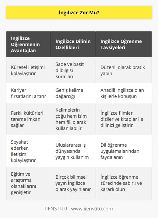 İngilizce sanılanın aksine öğrenilmesi en kolay dillerden biridir. Niye mi? Fiil çekimleri oldukça kolay. Çoğu kelime hem isim hem fiil olarak kullanılabilir. 