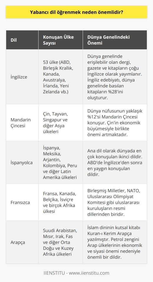 İngilizce günümüzde en yaygın olarak konuşulan dildir ve Mandarin Çincesi ile İspanyolcadan sonra, ana dil olarak en çok konuşulan üçüncü dildir. 53 ülke bu dili resmi olarak kullanmaktadır; örnek olarak Amerika Birleşik Devletleri, Birleşik Krallık, Kanada, Avustralya, İrlanda ve Yeni Zelanda sayılabilir. Yabancı dil olarak öğrenenlerin sayısı önümüzdeki yıllarda 2 milyarı aşması bekleniyor. Bu nedenle, yabancı dil öğreniminin önemi kesinlikle küçümsenemez.  Dil Öğreniminin Faydaları  Yabancı dil öğrenmek, dünyadaki en tatmin edici duygulardan birini sağlar: farklı bir dilde kendini ifade edebilme yeteneği. İngilizce, kısa sürede öğrenilebilecek bir dil olduğu için, öğrenmek isteyenlerin hayatına birçok fırsat sunar. Mesela, dünya genelinde erişilebilir olan çoğu dergi, gazete ve kitap İngilizce olarak yayımlanır ve İngiliz edebiyatı dünya genelinde basılan kitapların %28ini oluşturur.  İş Dünyası ve İngilizce  İş dünyasında başarı, büyük ölçüde iletişime bağlıdır ve bu iletişim çoğunlukla İngilizce gerçekleşir. İşletmeler, geniş pazarlara hitap etmek istiyorlarsa, yabancı dilde iletişim kurma becerisi şarttır. İngilizceyi akıcı şekilde ve uygun ifade tarzıyla kullanabilme yeteneği, şirketleri dünya pazarında bir adım öne çıkarır ve kar etme şansını artırır.  Küreselleşme ve İngilizce  Küreselleşen dünyada, uluslararası şirketler coğrafyalar arası işbirliği sağlamak için İngilizce iletişim kurmayı tercih ediyorlar. Nissan, Honda ve Siemens gibi şirketler, İngilizce iletişim sayesinde dünya genelinde işbirliği yapmaktadırlar. Bu nedenle,    ve iş bulmak için yabancı dil bilgisi büyük bir etken olarak görülmektedir. Tek dil bilen adaylar, iki veya daha fazla dil konuşabilen adaylara göre işe alınma ihtimali daha düşüktür.  Sonuç olarak, İngilizce öğrenme süreci başlangıçta zor ve ürkütücü gibi görünse de, bu dilin öğrenilmesinin sağlayacağı ödüller hayatınızı birçok açıdan genişletebilir ve geliştirebilir. İster iş dünyasında başarılı olmak, ister kültürel zenginliklere erişmek için olsun, İngilizce öğrenmenin önemi günümüz dünyasında hiç olmadığı kadar büyüktür.