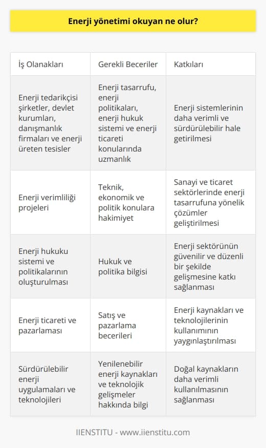 Enerji Yönetimi İçin Kariyer Olanakları  Enerji yönetimi eğitimi alan bir kişi, enerji sektöründe çalışma fırsatları elde eder ve enerji politikalarının oluşturulmasına katkı sağlayarak mevcut enerji sistemlerinin daha verimli ve sürdürülebilir hale getirilmesine yardımcı olur.  İş Olanakları ve Alanlar  Enerji yönetimi alanında çalışanlar enerji tedarikçisi şirketler, devlet kurumları, danışmanlık firmaları ve enerji üreten tesislerde görev alabilirler. Bu sektördeki profesyoneller genellikle enerji tasarrufu, enerji politikaları, enerji hukuk sistemi ve enerji ticareti alanlarında uzmanlaşır.  Enerji Verimliliği ve Tasarrufu  Enerji yönetimi okuyanlar, enerji verimliliği ile ilgili projelerde çalışarak özellikle sanayi ve ticaret sektörlerinde enerji tasarrufuna yönelik çözümler geliştirir. Bu alanda hem teknik, hem de ekonomik ve politik konulara hakimsiyet sağlanır.   Enerji Hukuku Sistemi ve Politikaları  Enerji yönetimi eğitimi alan profesyoneller enerji hukuku sistemi ve enerji politikalarının oluşturulması sürecinde rol alır. Bu süreç, enerji sektörünün güvenilir ve düzenli bir şekilde gelişmesine katkı sağlar.   Enerji Ticareti ve Pazarlaması  Enerji yöneticileri, enerji ticareti ve pazarlama alanlarında da etkinilik göstererek enerji kaynakları ve teknolojilerinin kullanımını daha yaygın hale getirir. Enerji üreten tesislerin satış ve pazarlama süreçlerinin düzenlenmesinde önemli bir rol üstlenirler.  Sürdürülebilir Enerji Uygulamaları ve Teknolojileri  Enerji yönetimi eğitimi alan kişiler, sürdürülebilir enerji uygulamalarını yaygınlaştırarak doğal kaynakların daha verimli kullanılmasını sağlar. Yenilenebilir enerji kaynaklarının kullanımı ve teknolojik gelişmelerin uygulanması konusunda yönlendirici olur.   Sonuç olarak, enerji yönetimi alanında eğitim alan bir kişi, enerji sektöründeki iş olanakları ve kariyer imkanları geniş bir yelpazede olup, bu alanda çalışanlar enerji sistemlerinin daha verimli ve sürdürülebilir hale getirilmesine katkıda bulunur.