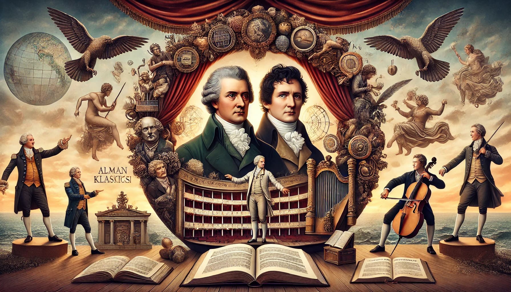Johann Wolfgang von Goethe ve Friedrich Schiller'in merkezde yer aldığı, Alman Klasiklerinin dünya edebiyatı üzerindeki etkisini simgeleyen bir görsel. Çevrelerinde kitaplar, el yazmaları, tiyatro sahnesi ve Romantizm, Realizm ile Aydınlanma ideallerini yansıtan semboller bulunuyor. Arka planda, dünya haritası ve farklı dillerde açık kitaplar, eserlerin uluslararası etkisini vurguluyor.