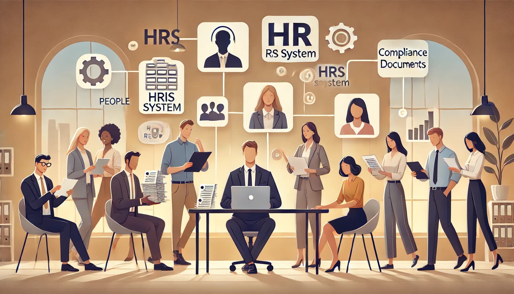 A 16:9 illustration of a diverse group of HR professionals in a modern office setting, holding various HR tools such as a laptop displaying an HRIS system, a stack of resumes, and compliance documents. Each individual is engaged in collaboration and multitasking, symbolizing the broad responsibilities of an HR Generalist. The atmosphere is warm and inviting, with soft, people-focused color tones. The modern office space is well-lit, emphasizing teamwork and efficiency.