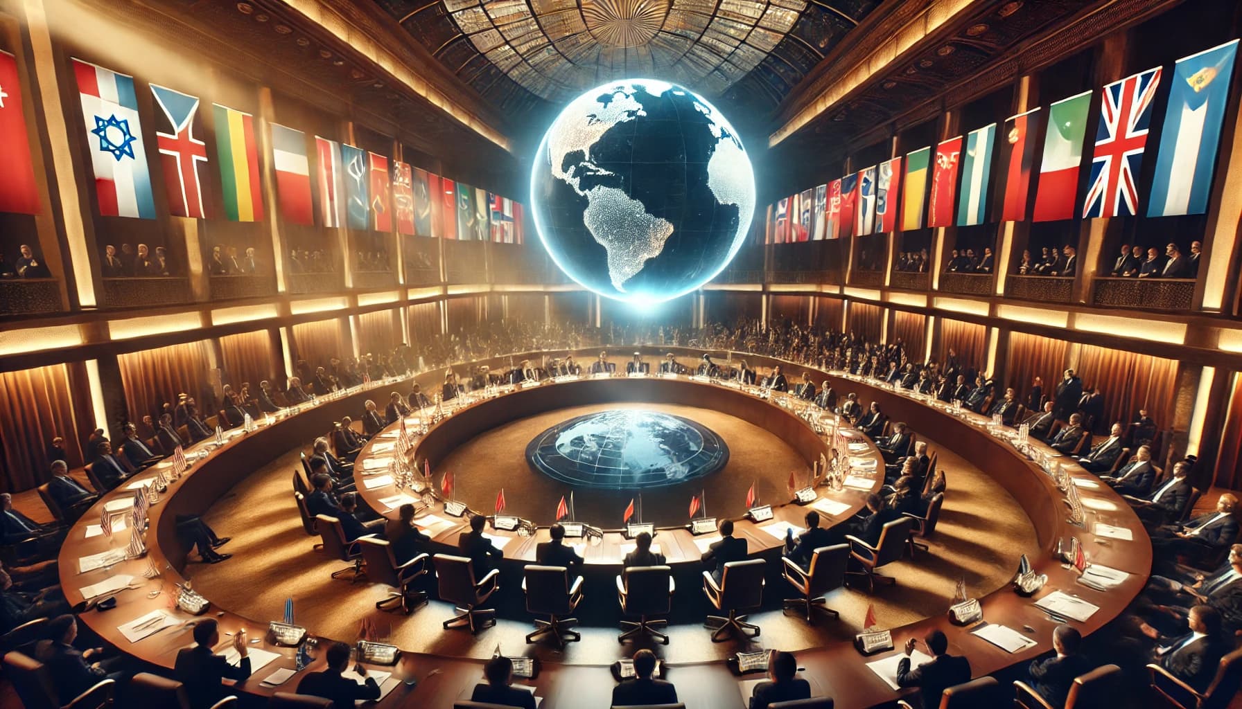 A grand conference hall filled with diplomats from various nations seated around a large round table, actively engaging in discussions. Flags from multiple countries decorate the background, symbolizing international cooperation. Above the table, a glowing holographic globe projects a sense of global unity and collaboration. The atmosphere is professional and sophisticated, with well-dressed delegates gesturing as they communicate. The warm and balanced lighting enhances the sense of diplomacy and mutual understanding.