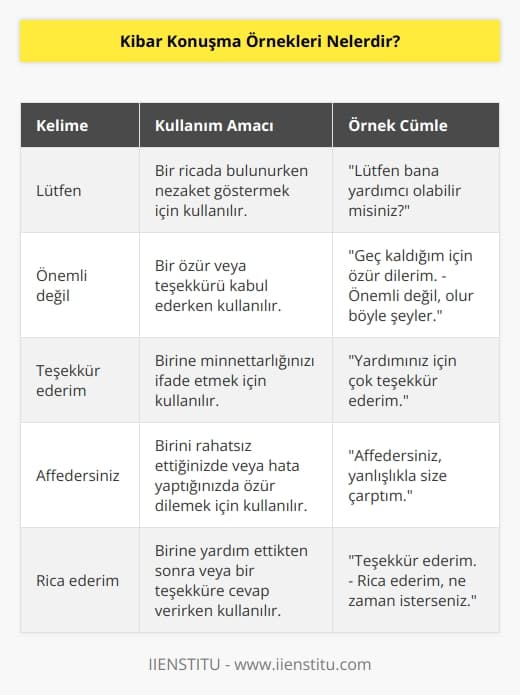 Herhangi bir dilde insanlarla iletişim kurarken güzel ve kibar konuşmak önemlidir. Bunun için hatırlamanız gereken bazı ipuçları bulunmaktadır. Lütfen, önemli değil, teşekkür ederim, affedersiniz gibi kelimeler kibar    arasında yer almaktadır.