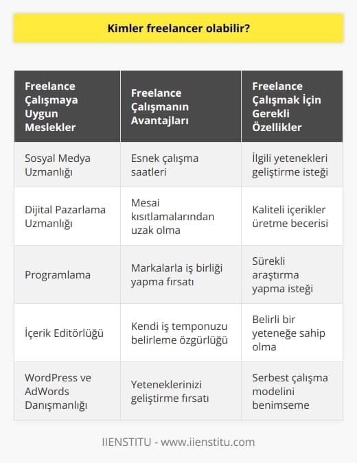 Freelancer olan kişiler, genellikle teknik işler ile ilgilenirler ve bu işlerin başında sosyal medya/dijital pazarlama uzmanlığı gelir. Freelancer olarak çalışabilmek için, ilgili yeteneklerinizi geliştirmeniz ve bu yeteneklerinizi sergileyebilecek işler bulmanız gerekmektedir. Çalışma saatlerinizi kendiniz belirleyebileceğiniz ve mesai kısıtlamalarından uzak olan bu iş modeli, çalışmayı seven kişiler için idealdir. Ayrıca, belirli bir hedef kitleye hitap ederek, kaliteli içerikler ile okunma sayıları arttıkça, ilgili sektörün markaları ile iş birliği yapma fırsatı da doğmaktadır. Freelance iş yapılacak işler genellikle teknik ve tasarım işleri olup, bu işleri sevmeli ve sürekli araştırma yapmaktan keyif almalısınız. Bu iş modeli, temel programlama, içerik editörlüğü, wordpress danışmanlığı veya adwords danışmanlığı gibi birçok konuda yetenek geliştirebileceğiniz bir fırsat sunmaktadır. Sonuç olarak, freelancer olabilen kişiler, belirli bir yeteneğe sahip olan ve bu yeteneği serbest çalışma modeli ile değerlendirebilmek isteyen kişilerdir.