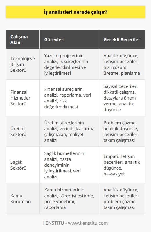 İş Analistlerinin Çalışma Alanları ve Görevleri  İş analistleri, ürün ve hizmetlerle birlikte projelerin etkin bir şekilde yaşama geçirilmesini sağlayan profesyonellerdir. Çeşitli sektörlerde faaliyet gösteren şirketler ve kamu kurumları, iş süreçlerinin değerlendirilmesi ve iyileştirilmesi amacıyla iş analistlerine ihtiyaç duymaktadır.  İş analistlerinin başlıca görevleri arasında, kurumların iş süreçlerini analiz etmek, eksik ve hatalı kısımları ortaya çıkarmak, raporlar hazırlamak ve çözümler üretmektir. Özellikle, analitik düşünce yapısı gelişmiş ve iletişim becerileri kuvvetli bireylerin tercih edildiği bu meslek grubu, sürekli olarak değerlendirme ve iyileştirme çalışmaları yürütür.  İş analistiklerinin eğitim süreçleri ve şartları da önemlidir. Bu alanda başarılı olabilmek için, öncelikle üniversite eğitimi yeterli görülmemekte ve buna ek olarak iş analisti adayının yetenekli olması beklenmektedir. İş analisti olmayı düşünen bireylerin, yazılı ve   nin yanı sıra, hızlı çözüm üretme ve planlama gibi yetenekleri de geliştirmeleri gerekmektedir.  İş analistleri, projelerin etkin bir şekilde yürütülmesi ve ürün ve hizmetlerin yapılanması gibi süreçlerde önemli roller üstlenirler. Bu sebeple, oldukça ilgi çeken ve araştırılan meslek grupları arasında yer almaktadırlar. İş analistlerinin faaliyet gösterdikleri sektörler ve çalışma alanları geniş bir yelpazeye sahip olup, teknoloji ve bilişim sektöründen finansal hizmetler sektörüne kadar pek çok alanda ihtiyaçları karşılamaktadırlar.  Sonuç olarak, iş analistleri, projelerin başarılı bir şekilde yürütülmesini sağlayarak kurumların rekabetçi avantaj elde etmelerine yardımcı olmaktadır. Bu nedenle, şirketlerin ve kamu kurumlarının, iş süreçlerini değerlendirme ve iyileştirme çalışmalarında iş analistlerinden faydalanması önem taşımaktadır. Bu alanda başarı elde etmek isteyen bireylerin ise, eğitim süreçlerine önem vermesi ve mesleki becerilerini sürekli geliştirmesi gerekmektedir.