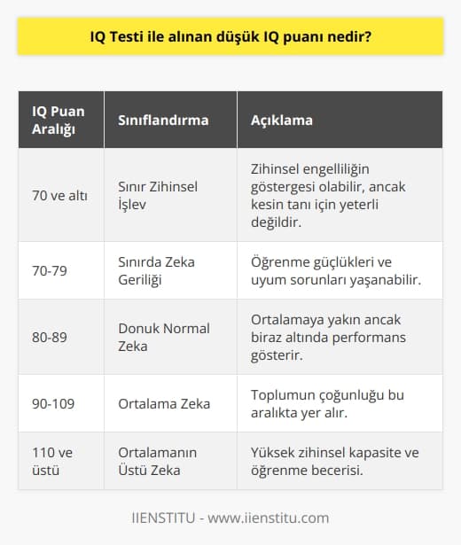 Test türüne bağlı olarak, düşük IQyu belirtmek için 70 veya daha düşük bir puan kullanılır. IQ puanları zihinsel engelliliği belirlemek için yeterli değildir. Dikkate alınması gereken Flynn Etkisi de var. Bu, nesiller boyunca bir IQ kazancı anlamına gelir.
