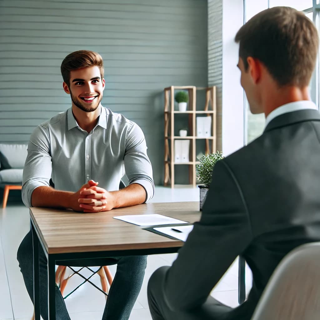 Modern bir ofis ortamında, öz güvenli ve iyi hazırlanmış bir iş adayıyla profesyonel bir mülakat görevlisi karşılıklı oturuyor. Aday, güler yüzlü ve hazırlıklı görünüyor. Ortam aydınlık ve minimal tasarımlı, olumlu beden diline ve karşılıklı saygıya vurgu yapan başarılı bir iş mülakatı atmosferi yansıtılıyor.