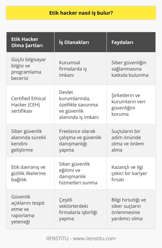 Etik   lar ve İş Olanakları  Etik , bir bilgisayar ağına güvenlik testi amacı ile sızan ve bilgi hırsızlığı yapmadan ağdaki güvenlik problemlerini yetkililere ileten kişidir. Bu kişiler, yazılım ve donanım bilgisini kullanarak güvenlik zafiyetlerini bulup rapor etme ve önlemler alınmasına yardımcı olma işini yaparlar. Etik lar için çeşitli iş olanakları bulunmaktadır.  İş Başvurusu ve Sertifikasyon  Etik  olabilmek için, öncelikle güçlü bir bilgisayar bilgisine ve programlama becerisine sahip olmanız gerekmektedir. Bunun yanında, bu alanda sertifikasyon programlarına katılarak kendinizi geliştirebilir ve resmi olarak etik  unvanını elde edebilirsiniz. Sertifikasyon programlarından biri olan Certified Ethical  (CEH) sertifikası, etik  konusunda yetkinlik gösteren belirgin bir belgedir ve iş başvurularında önemli bir artı sağlamaktadır.  Freelance Çalışma  Etik lar, freelance olarak çalışma imkânı bulabilirler. Bireysel çevrimiçi projelere katılarak veya güvenlik danışmanlığı hizmeti vererek kendilerine gelir sağlayabilirler. Freelance olarak çalışan etik lar, çeşitli sektörlerdeki firmalarla işbirliği içinde olup güvenlik konularında onlara destek sağlarlar.  Kurumsal Firmalarda İş  Büyük şirketler ve teknoloji firmaları, sürekli olarak güvenlik açıklarını ve risklerini takip etmeleri gerektiğinden etik lar için iş olanakları sunmaktadır. Bu tür firmalar, sistemlerinin ve ağlarının güvende olduğunu kontrol etmek için etik ları istihdam edebilirler.  Devlet Kurumlarında İş  Etik lar, devlet kurumlarında da çalışma imkânına sahiptir. Özellikle savunma ve güvenlik alanında iş imkanı bulan etik lar, bu kurumların siber güvenlik politikalarının geliştirilmesine katkı sağlarlar.  Siber Güvenlik Eğitimi ve Danışmanlık  Etik lar, siber güvenlik konusunda eğitim ve danışmanlık hizmetleri sunarak da iş bulabilirler. Çeşitli eğitim merkezlerine veya şirketlere bağlı olarak bu alandaki bilgi ve deneyimlerini paylaşarak gelir elde edebilirler.  Sonuç olarak, etik lar için çeşitli iş olanakları bulunmaktadır. Bilgisayar ve siber güvenlik alanındaki yetkinliklerini artırarak, bu alanda çalışmak isteyen kişiler ilgi çekici ve kazançlı bir kariyer seçeneğine sahip olabilirler.