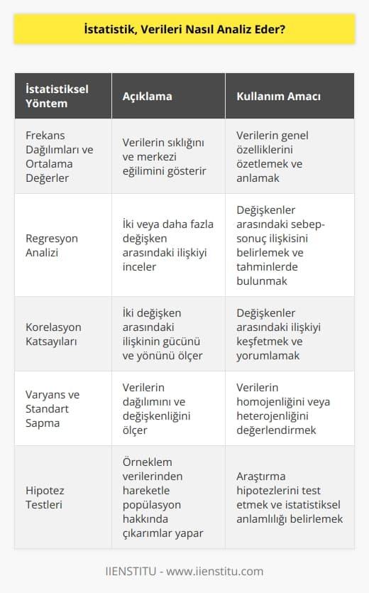 İstatistik, verileri analiz etmek için çeşitli yöntemler kullanır. Bunların arasında en yaygın olanlar; frekans dağılımları ve ortalama değerleri, regresyon analizi, korelasyon katsayıları, varyans ve standart sapma gibi istatistiksel tekniklerdir. İstatistikte, verileri analiz etmek için kullanılan yöntemler, verileri sınıflandırmak ve özetlemek, farklı veri grupları arasındaki ilişkileri keşfetmek ve    testleri gibi çeşitli amaçlar için kullanılır.