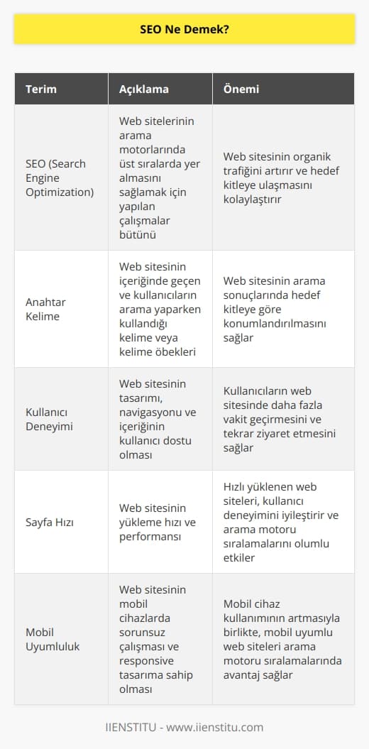 Türkçesi arama motoru optimizasyonu olan SEO, ilgili web sitesinin yönetimi ve performansı için arama motorlarında öne çıkmayı ve kullanıcıların ihtiyaç ve isteklerini tespit etmek için kullanılan bir kavramdır. SEO ile kullanıcılara özel bir stratejik çalışma yapılır ve    aracılığıyla web sitesini Google sıralamasında öne çıkarır. Anahtar kelimeye verilen önem ile web sitesinin performansının iyileştirilmesiyle ziyaretçinin sitede kalma süresi artırılmaya çalışılır.