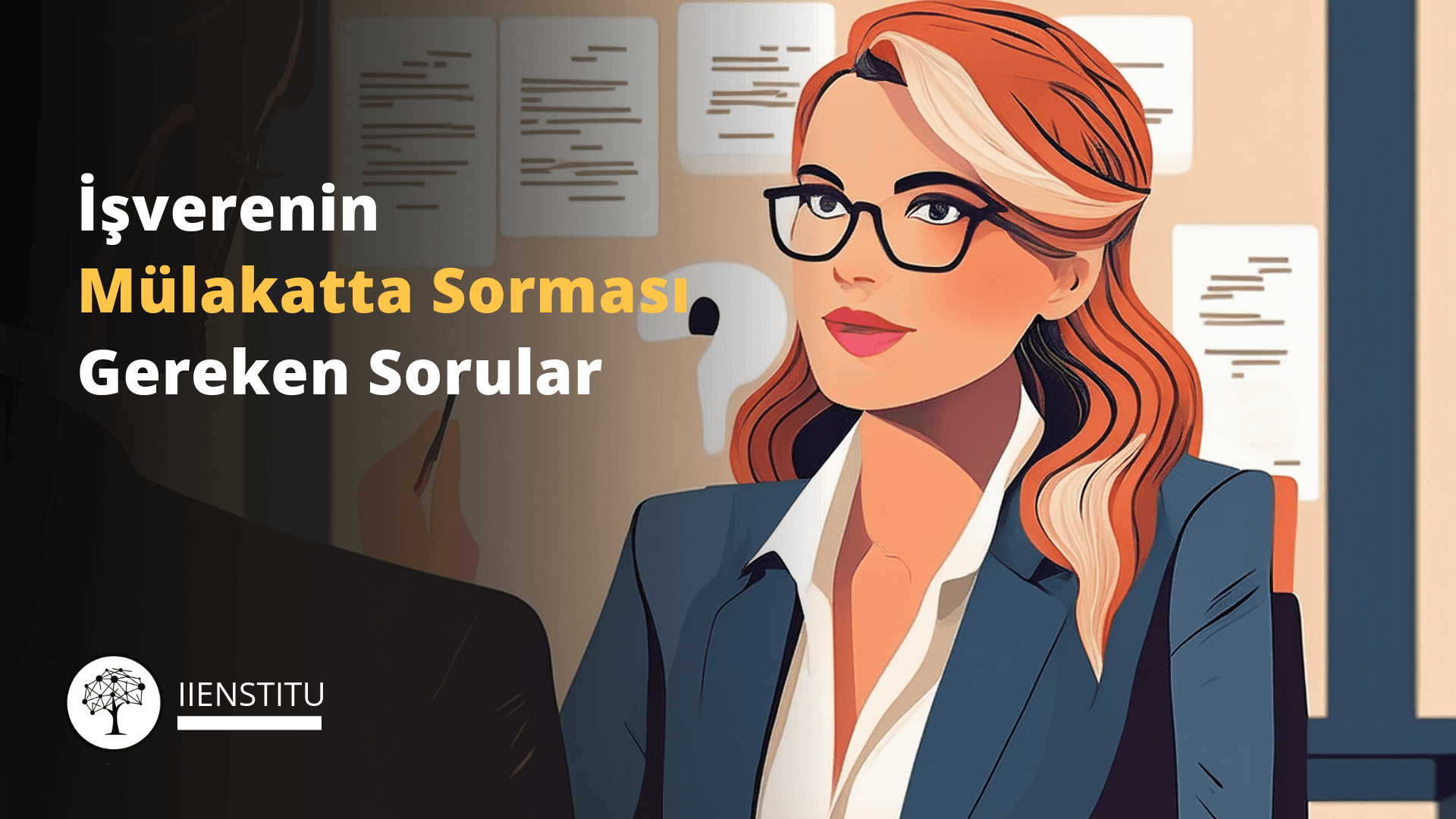 İşverenin mülakatta sorması gereken sorular hakkında bilgi veren görsel. Mülakat yapan kadın işveren, adayla görüşme yapıyor. İş görüşmesi ve mülakat soruları hakkında rehber.
