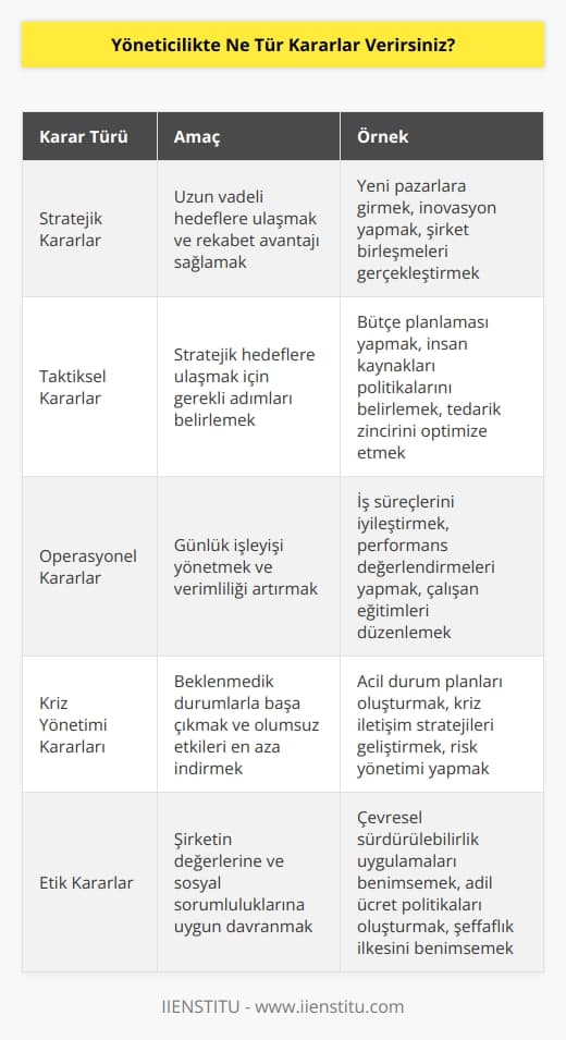 Yöneticilikte, takım çalışmasının geliştirilmesi, ürün ve hizmetlerin kalitesini arttırmak, çalışanların motivasyonunu yükseltmek, yeni fırsatların yaratılması, yeni ürünlerin geliştirilmesi veya hizmetlerin genişletilmesi gibi    alınır. Aynı zamanda, günlük işlerin planlanması, yeni iş süreçlerinin tasarlanması ve uygulanması, çalışanların performansının izlenmesi, ücret ve ödüllendirme politikalarının oluşturulması gibi operasyonel kararlar da alınır.
