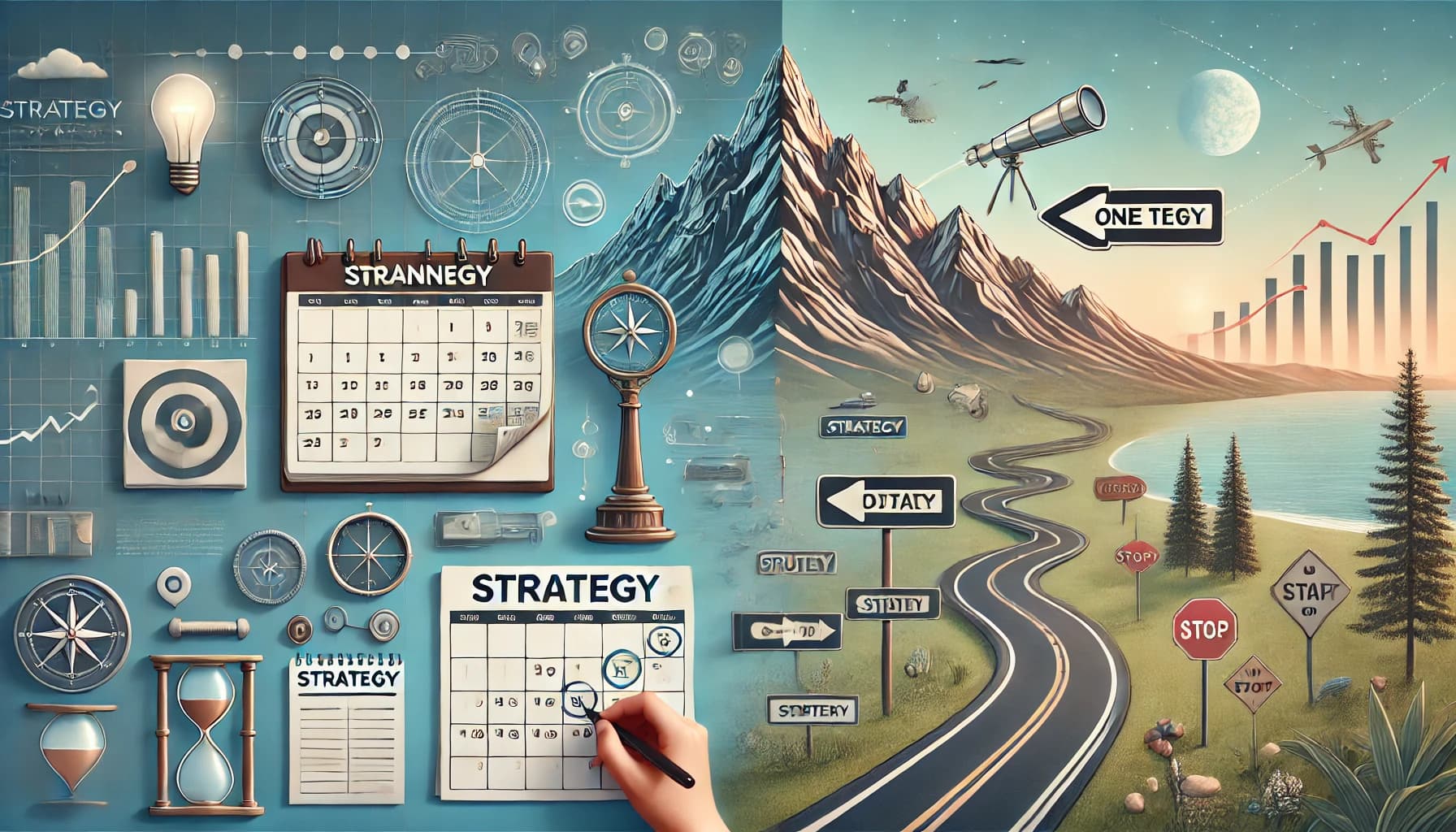 A conceptual illustration contrasting planning and strategy: the left side shows calendars, checklists, and timelines representing structured short-term planning; the right side features a path leading to a mountain peak with a telescope, compass, and road signs, symbolizing visionary long-term strategy and direction