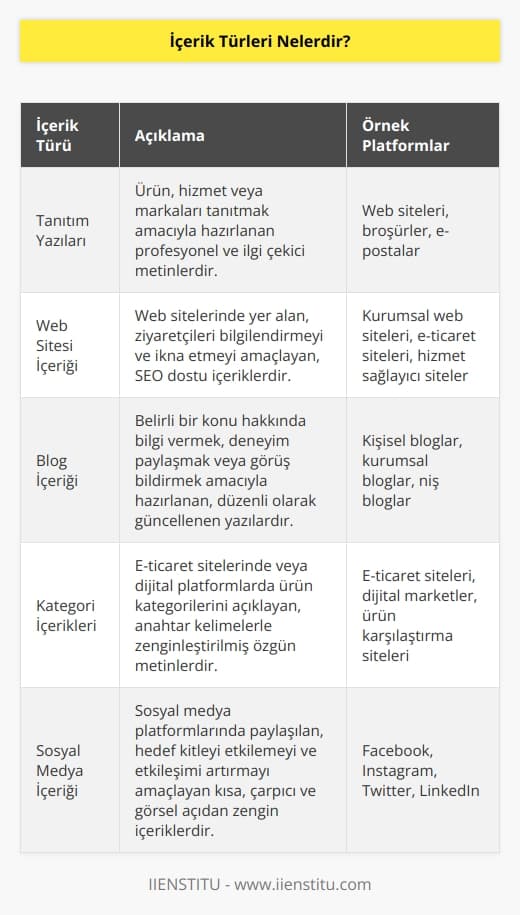 İçerik denildiğinde ilk akla yazılı içerikler gelir. Ancak video, müzik, oyun ve uygulamalarda içerik olarak ifade edilir. En fazla kullanılan içerik türleri, Tanıtım Yazıları, Web Sitesi İçeriği, Blog İçeriği, Kategori İçerikleri, Reklam Metinleri, Röportajlar, Sosyal Medya içeriği, Ürün Açıklama İçeriği.