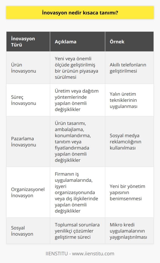 İnovasyon Kavramı ve Önemi  İnovasyon, Türkçede yenilik ve yenilikçilik anlamına gelen, uygulama alanı geniş olan, temelinde fayda sağlayıcı yaratıcı fikirlerin geliştirilip ticari olarak uygulanması sürecidir. Bu yenilenme, çağın getirdiği imkânlar ile ihtiyaçları bir araya getirerek gerçekleştirilir. İnovasyon, teknoloji çağında bireyden topluma kadar her alanda artan rekabet ortamıyla birlikte giderek önem kazanmıştır.  İnovasyonun Tarihi Yansımaları  Sanayi Devriminden önceki inovasyona baktığımızda, yeni teknolojiler veya toplumu organize etme yolları gibi bugün “sosyal” yenilikler olarak adlandırılacak şeylere odaklanmaya eğilimliyiz. Avrupanın büyük siyasi devrimleri aynı zamanda sosyal inovasyonu da içeriyordu. Bu bağlamda, inovasyonun tarihsel süreç içerisinde önemli bir yeri olduğunu görebiliriz.  İnovasyonun Tanımı ve Ekonomideki Yeri  İnovasyonu nasıl tanırız? Üretim işlevi yaklaşımını benimseyerek, tüm üretim faktörlerinin - sermaye, emek ve hammaddeler - yeni mallar üretildiğinde veya hizmetler sunulduğunda farklı şekillerde birleşme eğiliminde olduğunu varsayabiliriz. Buna göre, ekonomilerin halihazırda üretilenleri artırarak daha fazla büyüyebileceği savunulmaktadır.  İnovasyon Türleri: İcat ve Yenilik  Birçok kişi, inovasyonun icat ve yeni ürünler veya hizmetler anlamına geldiğini düşünmektedir. Ancak akademik literatürde buluş ve yenilik arasında net bir ayrım yoktur. İş dünyası ve kamu kesimi için gerçekten fayda sağlayan yenilik türü, halihazırda sahip olduklarımızdan daha fazlasını yapan ekonomistlerin genel amaçlı teknolojiler (GPTler) dediği şeyi içerir.  Sonuç  İnovasyon, ekonomik büyümeyi ve iş yaratmayı yönlendiren önemli bir kavramdır. Ürünler, süreçler ve organizasyonel değişimlerde etkili olan inovasyon, sermaye, emek ve ham madde faktörlerinin farklı şekillerde birleşimi olarak değerlendirilebilir. Ayrıca, buluş ve yenilik arasındaki farka rağmen, inovasyonun önemli bir değer yaratan unsur olarak kabul edildiğini görebiliriz.