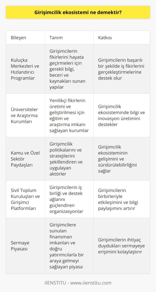 Girişimcilik Ekosistemine Genel Bakış  Girişimcilik ekosistemi, girişimin gerçekleştirildiği çevre veya coğrafyada bölgesel girişimciliği destekleyen unsurları kapsayan ve yeni fikirlerin başarılı ve sürdürülebilir bir şekilde hayata geçirilmesini sağlayan dinamik bir yapıdır. Bu yapı, girişimcilerin başarıya ulaşmalarını etkileyen faktörleri bütünleştirir ve girişimlerin aldığı destek ile genişlemelerini hızlandırır. Öncülleri ve ardılları arasında güçlü bağlantılar kurarak, değer zincirindeki bilgi akışını sağlarlar.  Başarıyı Etkileyen Faktörler  Girişimcilik ekosisteminde dikkate alınması gereken başlıca faktörler, sermaye piyasası, müşteri ve kültürdür. Sermaye piyasası, girişimcilere sunulan finansman imkanları ve doğru yatırımcılarla bir araya gelmeyi sağlar. Müşteri faktörü, girişimin hedeflediği kullanıcı tabanı, ihtiyaçları ve alışkanlıklarıdır. Kültür ise, girişimcilik düşüncesi ve tutumlarını destekleyen bir ortamın var olması açısından önemlidir.  Girişimcilik Ekosistemi Bileşenleri  Girişimcilik ekosistemine katkı sağlayan unsurlar arasında aşağıdaki bileşenler bulunmaktadır:  1. Kuluçka merkezleri ve hızlandırıcı programlar: Girişimcilerin fikirlerini gerçeğe dönüştürebilmeleri için gerekli bilgi, beceri ve kaynakları sunarlar. 2. Üniversiteler ve araştırma kurumları: Yenilikçi fikirlerin üretimi ve geliştirilmesi için eğitim ve araştırma imkanı sağlarlar. 3. Kamu ve özel sektör paydaşları: Girişimcilik politikalarını ve stratejilerini şekillendiren ve uygulayan aktörlerdir. 4. Sivil toplum kuruluşları ve girişimci platformları: Girişimcilerin iş birliği ve destek ağlarını güçlendiren organizasyonlardır.  Girişimcilik Ekosistemi ve Rekabet  Günümüzde girişimcilik alanında yaşanan yoğun rekabet, girişimci adaylarının başarılı olabilmeleri için bu ekosistemde yer alan bileşenlerle uyum içinde çalışmalarını gerektirir. Böylece, geleceğe dair umut vaat eden fikirlerin ve projelerin değer yaratabilmesi mümkün kılınır.  Sonuç olarak, girişimcilik ekosistemini anlamak ve işlevselliğini artırmak, ülke ekonomilerinin gelişimi ve rekabet gücü açısından büyük önem taşımaktadır. Bu nedenle, girişimciler ve ekosistemde yer alan diğer paydaşların, ortak hedeflere yönlendirecek politikalar ve programlar geliştirerek, işbirliği ve koordinasyon sağlamaları gerekmektedir.