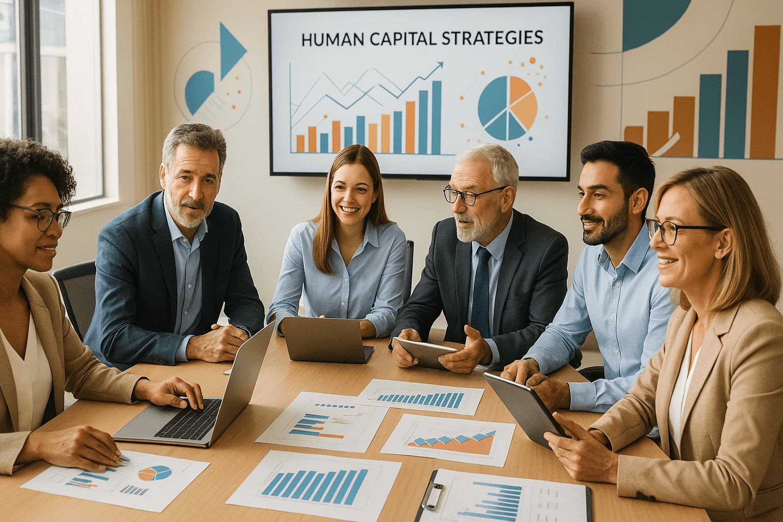 In a modern, well-lit office, six business professionals of diverse ages and ethnic backgrounds are gathered around a large table. Each person has a laptop, tablet, or documents in front of them. Data charts and performance tables are visible on the table, while abstract design elements in the background highlight innovation and company success. The atmosphere reflects productivity and collaboration.