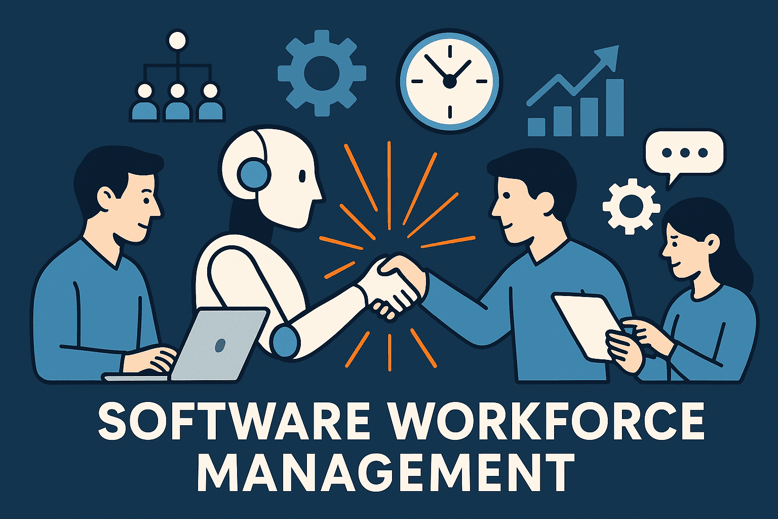Flat-style digital illustration showing a human shaking hands with a humanoid robot, surrounded by software-related icons such as a clock, chart, gear, and team structure—symbolizing collaboration, efficiency, and the integration of digital tools in software workforce management.