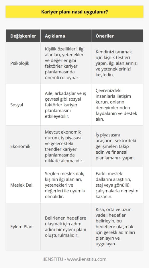 Uygulayacağınız plan pek ok değişkene bağlıdır. Bu aşamada psikolojik, sosyal ve ekonomik değişkenleri iyi hesaplamalısınız. Ayrıca meslek dalı ile yapacağınız   niz sizinle uyumlu olmalıdır.